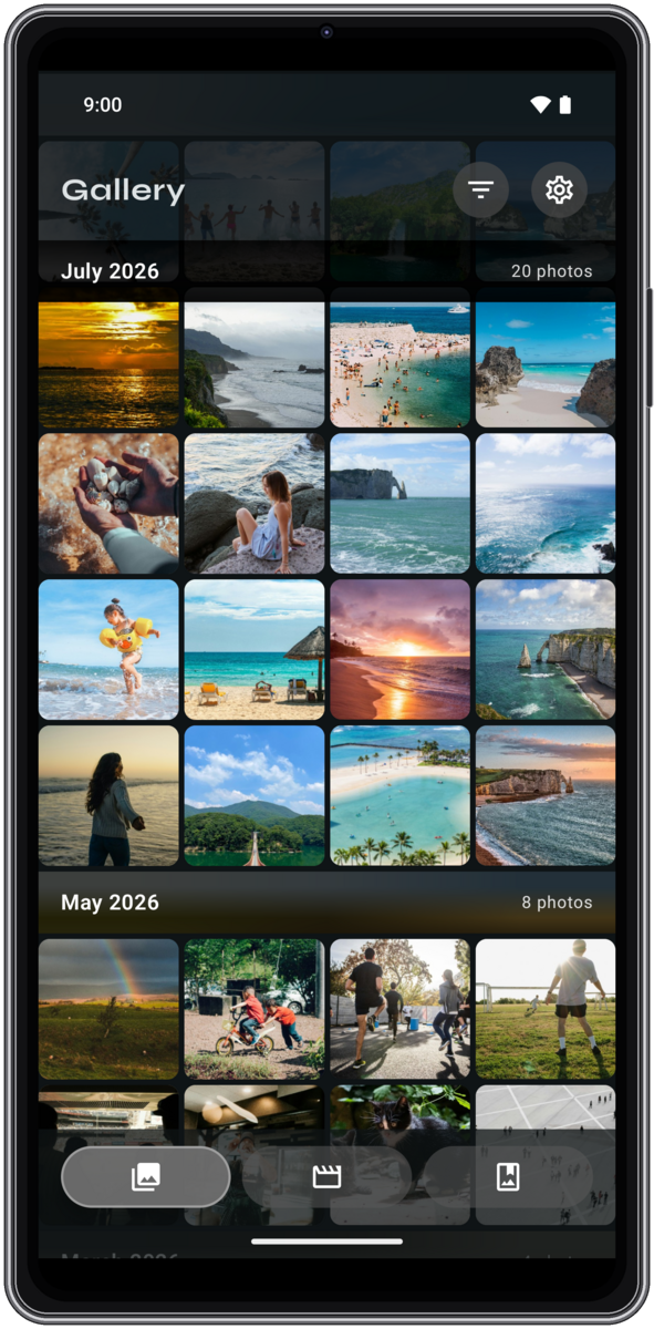 The Gallery grid showing sticky month sections and cover-color header backdrops.