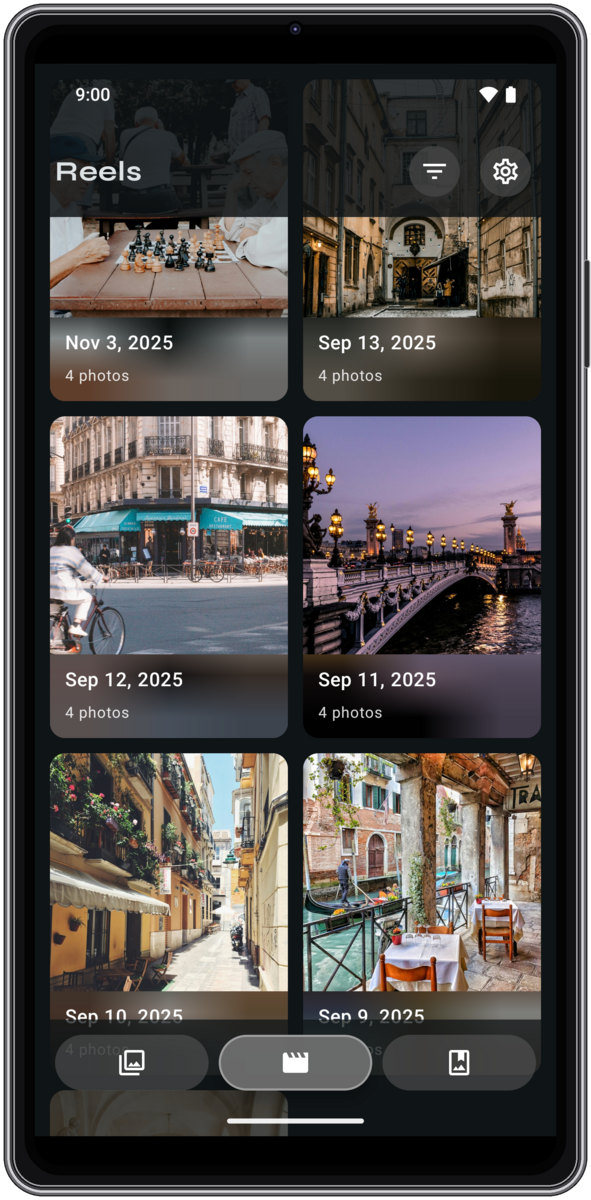The Reels tab showing auto-clustered photo shoots.
